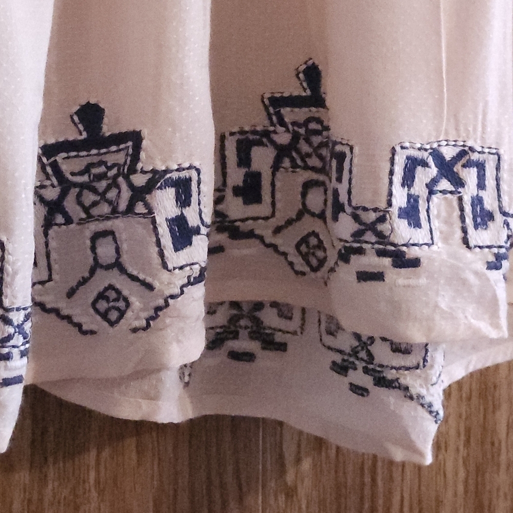 TRISTAN Soft Pink Cotton Top with Navy Stitching Small Boho Embroidery Peplum - Picture 5 of 8